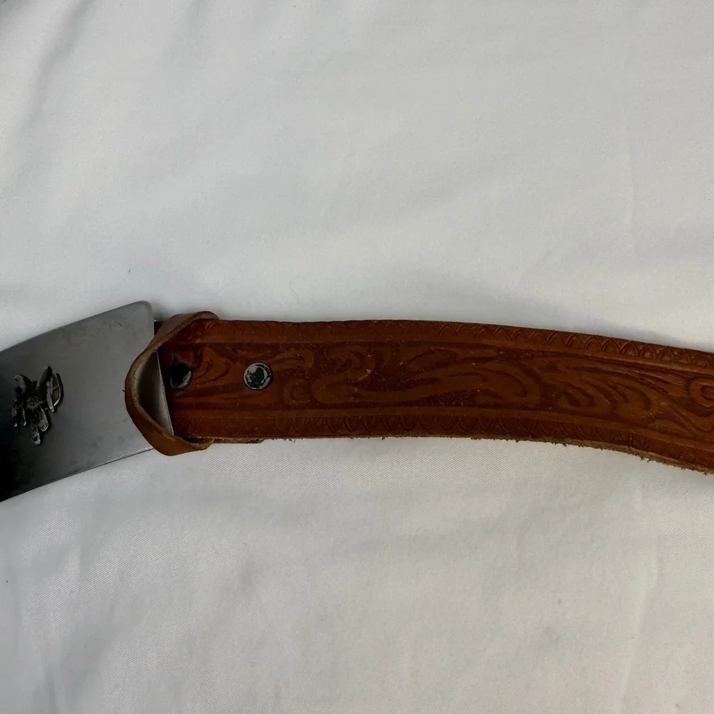 Vintage Western Tooled Brown Leather Belt Saddle Trophy Buckle Made in USA 32in